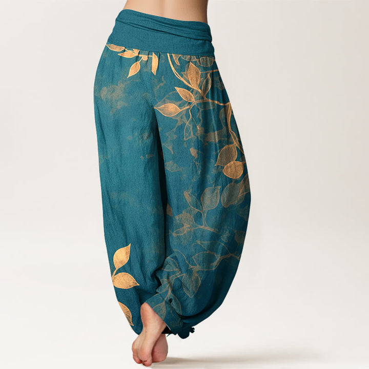Pantaloni harem da donna con elastico in vita, in puro cotone, con motivo a foglie dai colori tenui , Buddha Stones - image 9
