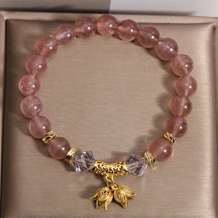 Braccialetto di perline positive in quarzo fragola naturale con mughetto Buddha Stones - image 3