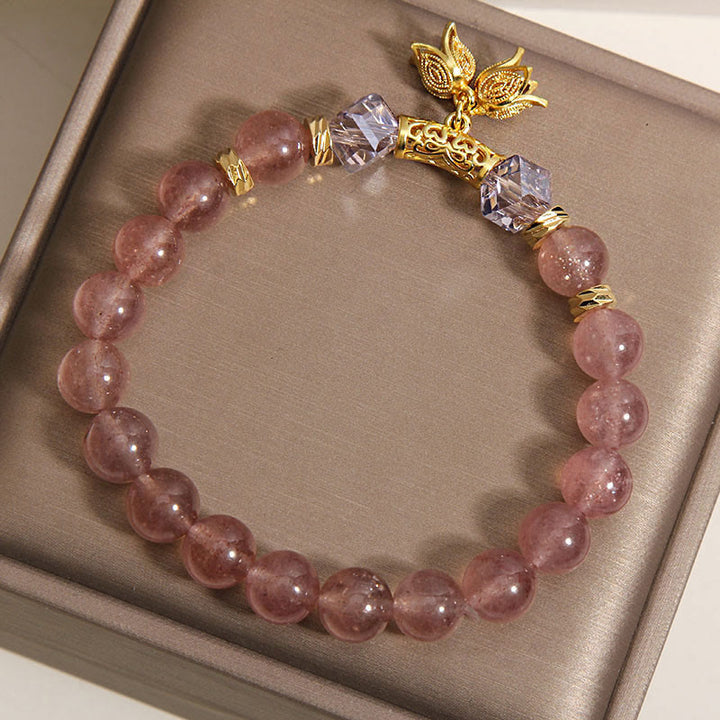 Braccialetto di perline positive in quarzo fragola naturale con mughetto Buddha Stones - image 7