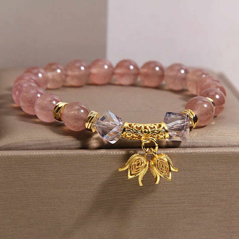 Braccialetto di perline positive in quarzo fragola naturale con mughetto Buddha Stones - image 1