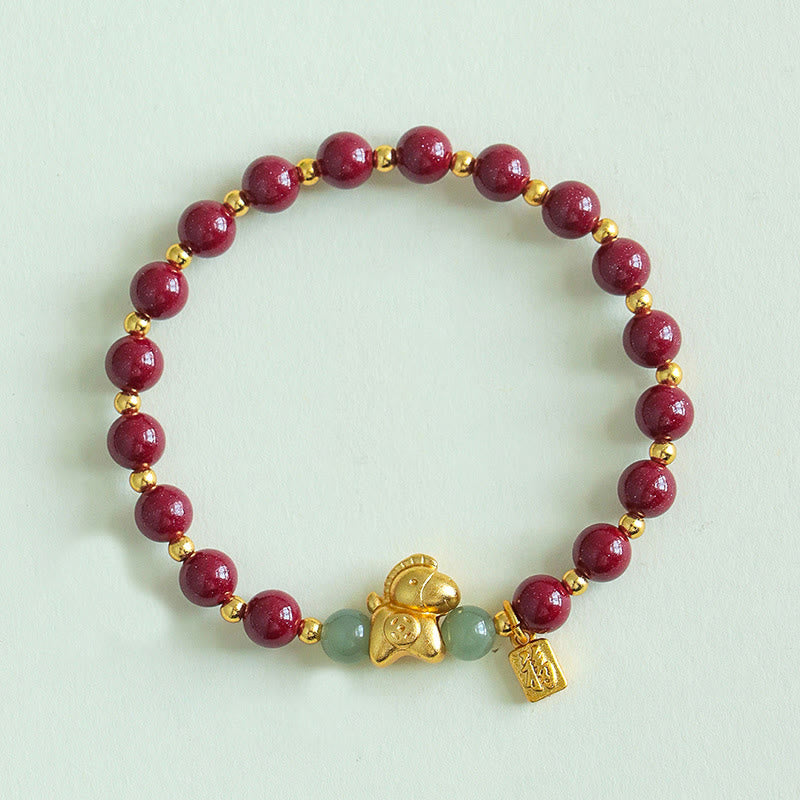 Braccialetto di benedizione in giada Hetian con Buddha Stones e carattere Fu, zodiaco cinese dell'anno del cavallo - Cinabro (circonferenza del polso: 14-17 cm) - image 1