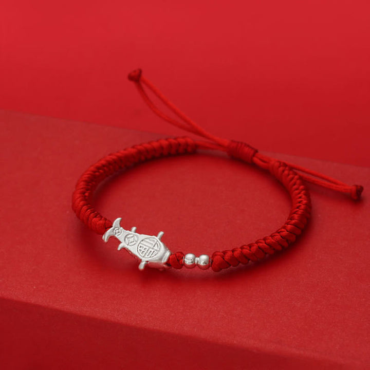 Braccialetto portafortuna con perline in argento sterling 990, motivo pesce koi in argento sterling 999, Buddha Stones e filo rosso - image 2