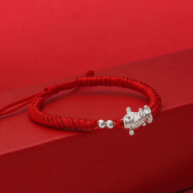 Braccialetto portafortuna con perline in argento sterling 990, motivo pesce koi in argento sterling 999, Buddha Stones e filo rosso - image 4