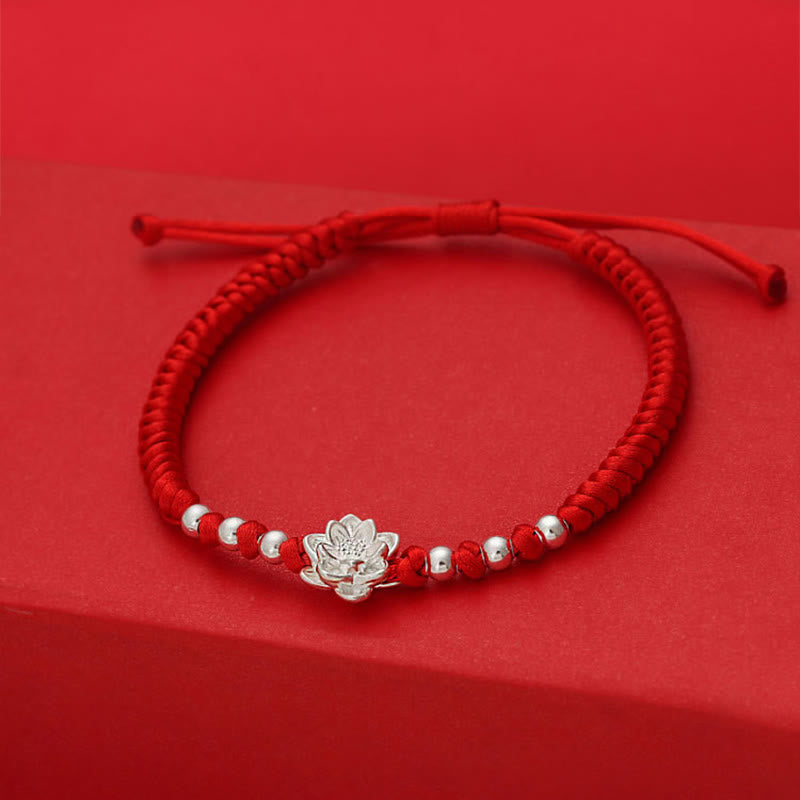 Braccialetto portafortuna Buddha Stones in argento sterling 999, simbolo del loto, cordino rosso in argento sterling 990 - image 2