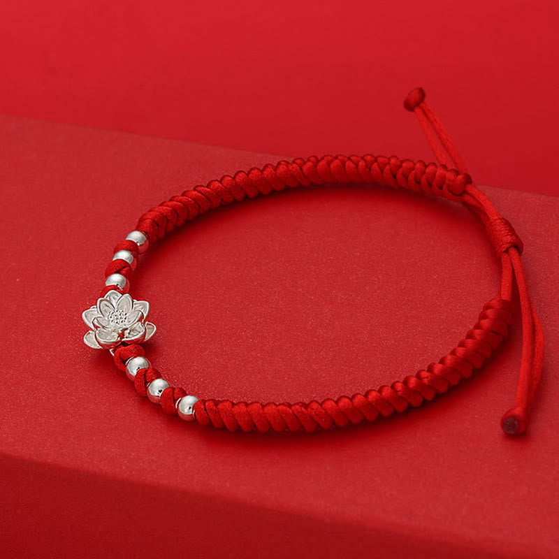 Braccialetto portafortuna Buddha Stones in argento sterling 999, simbolo del loto, cordino rosso in argento sterling 990 - image 5