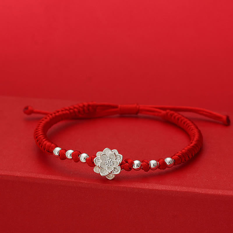 Braccialetto portafortuna Buddha Stones in argento sterling 999, simbolo del loto, cordino rosso in argento sterling 990 - Cordino rosso (circonferenza del polso: 19-20 cm) - image 0