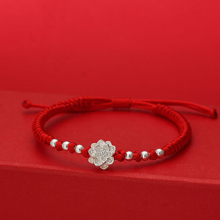 Braccialetto portafortuna Buddha Stones in argento sterling 999, simbolo del loto, cordino rosso in argento sterling 990 - Cordino rosso (circonferenza del polso: 19-20 cm) - image 0