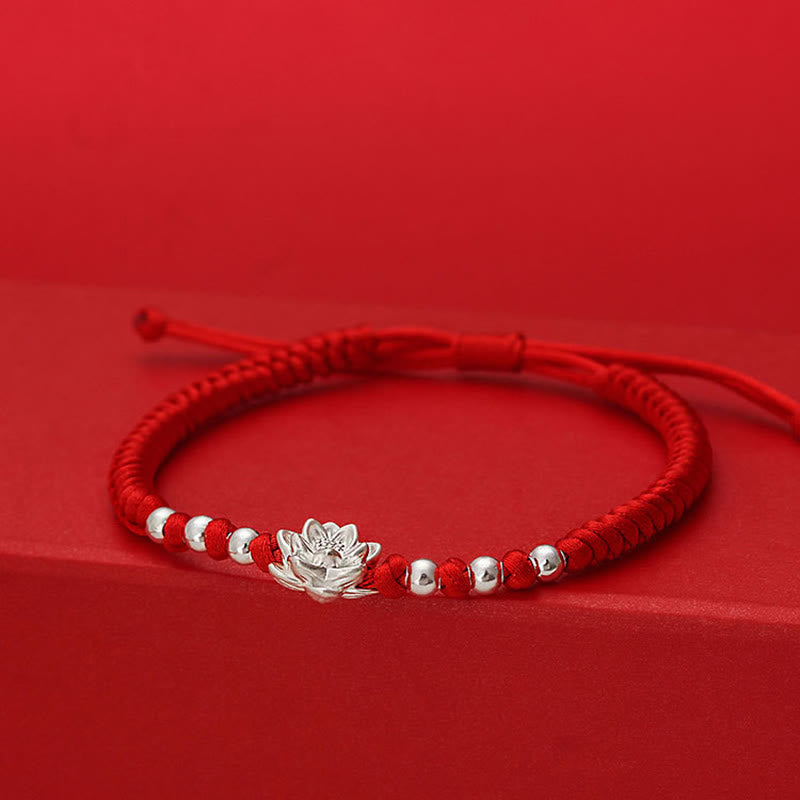 Braccialetto portafortuna Buddha Stones in argento sterling 999, simbolo del loto, cordino rosso in argento sterling 990 - image 1