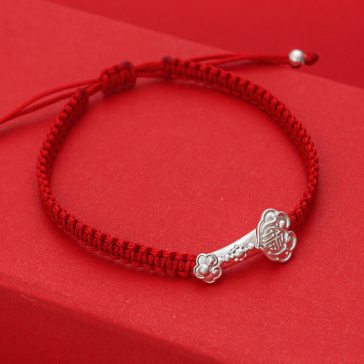 Bracciale intrecciato con cordino rosso e carattere Ruyi Fu in argento sterling 999 Buddha Stones - image 3