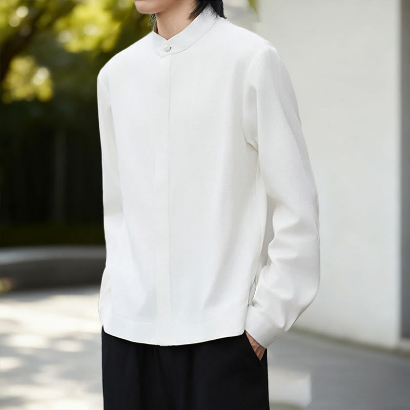 Camicia da uomo a maniche lunghe in cotone e lino, tinta unita bianca, con stampa Buddha Stones Fall. - image 6