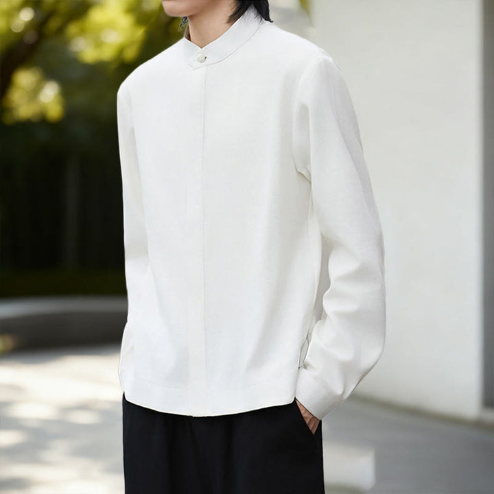 Camicia da uomo a maniche lunghe in cotone e lino, tinta unita bianca, con stampa Buddha Stones Fall. - image 6