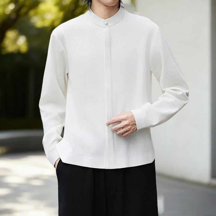 Camicia da uomo a maniche lunghe in cotone e lino, tinta unita bianca, con stampa Buddha Stones Fall. - image 7