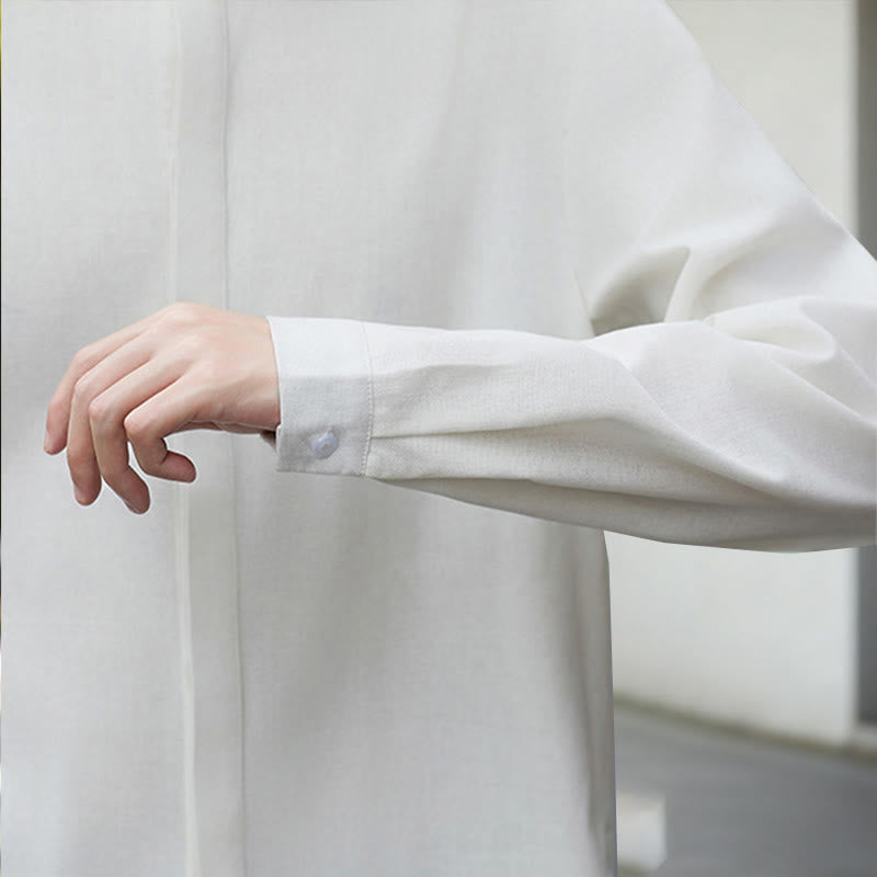Camicia da uomo a maniche lunghe in cotone e lino, tinta unita bianca, con stampa Buddha Stones Fall. - image 9