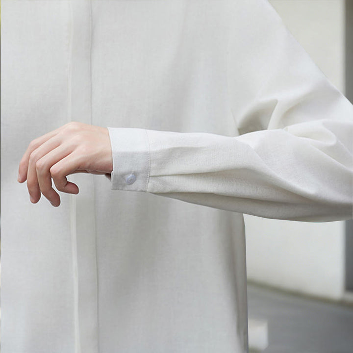 Camicia da uomo a maniche lunghe in cotone e lino, tinta unita bianca, con stampa Buddha Stones Fall. - image 9