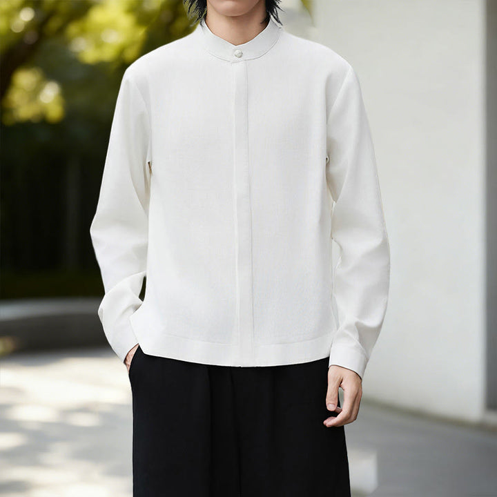 Camicia da uomo a maniche lunghe in cotone e lino, tinta unita bianca, con stampa Buddha Stones Fall. - image 1