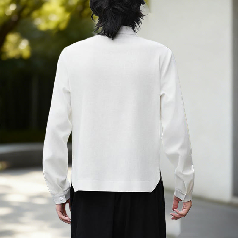 Camicia da uomo a maniche lunghe in cotone e lino, tinta unita bianca, con stampa Buddha Stones Fall. - image 3