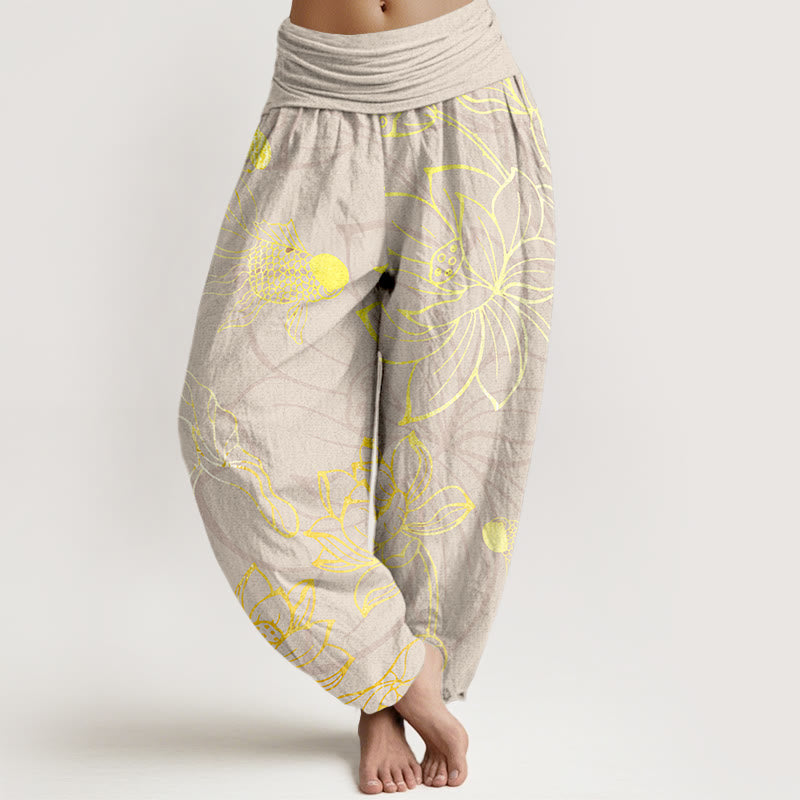 Pantaloni harem da donna con elastico in vita, Buddha Stones, in cotone, con foglie di loto e pesci koi - Beige - US22, UK/AU26, EU54 (6XL) - image 7