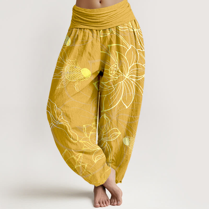 Pantaloni harem da donna con elastico in vita, Buddha Stones, in cotone, con foglie di loto e pesci koi - Oro - US22, UK/AU26, EU54 (6XL) - image 10