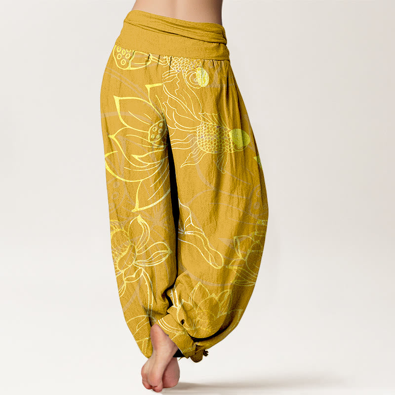 Pantaloni harem da donna con elastico in vita, in puro cotone, con foglie di loto e pesci koi, motivo Buddha Stones - image 12