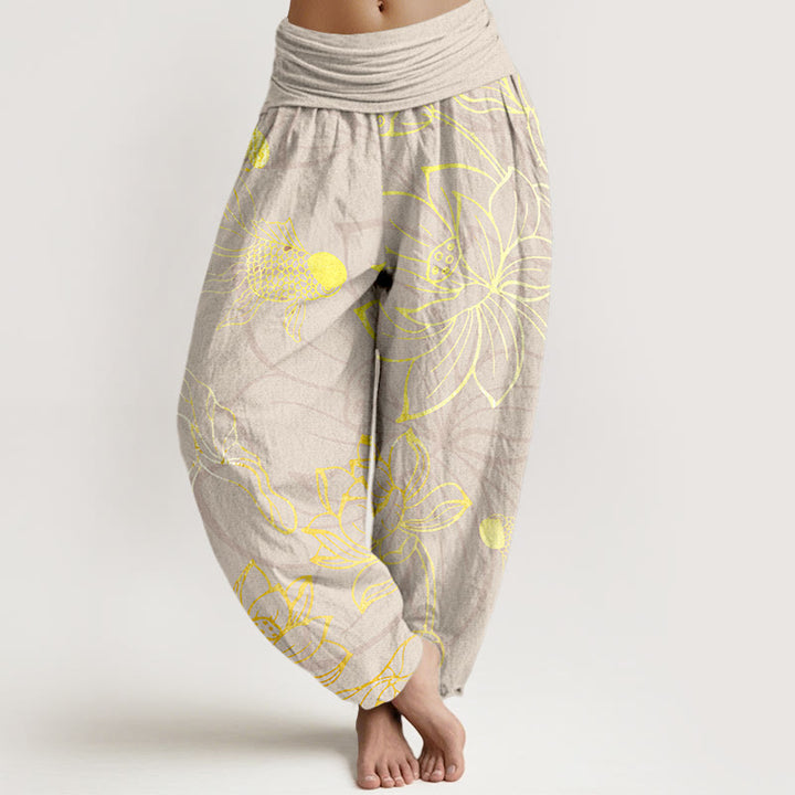 Pantaloni harem da donna con elastico in vita, in puro cotone, con foglie di loto e pesci koi, motivo Buddha Stones - Beige - US22, UK/AU26, EU54 (6XL) - image 8