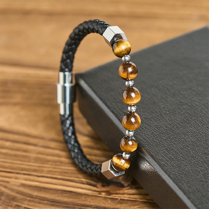 Bracciale in pelle con occhio di tigre, acciaio al titanio Buddha Stones, per l'equilibrio del coraggio - image 1