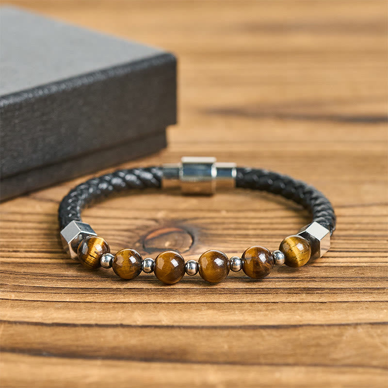 Bracciale in pelle con occhio di tigre, acciaio al titanio Buddha Stones, per l'equilibrio del coraggio - image 2