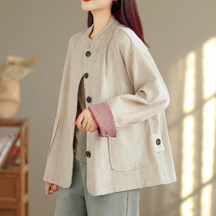 Giacca da donna in velluto a coste con maniche lunghe, tasche e bottoni con motivo Buddha Stones - image 4