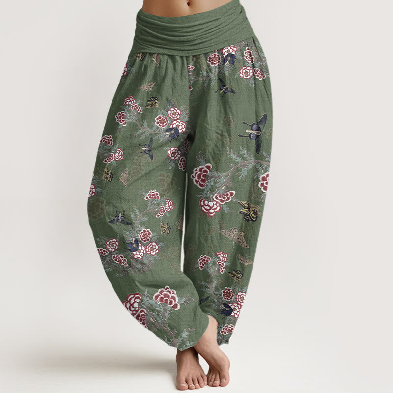 Pantaloni harem da donna con elastico in vita, motivo a farfalla, fiori e foglie in cotone Buddha Stones - Verde mare - US16, UK/AU20, EU48 (3XL) - image 5