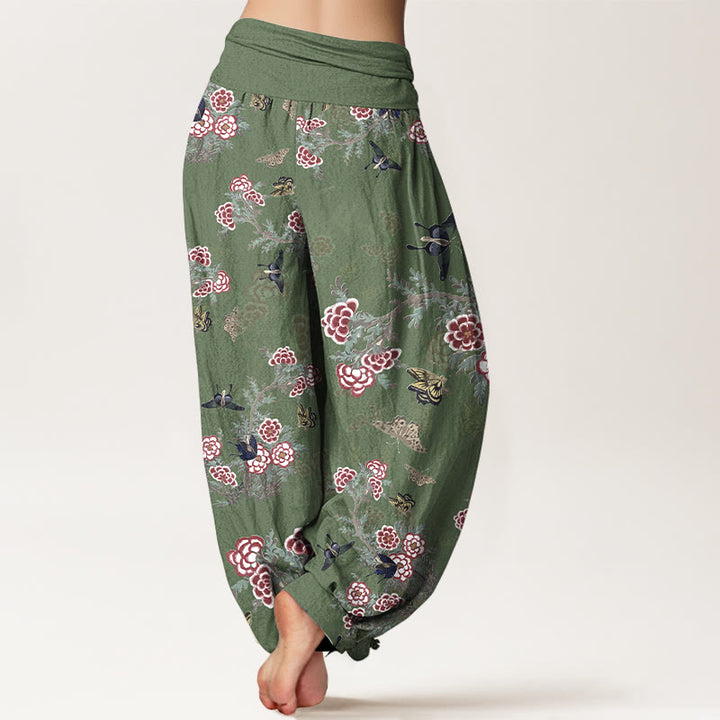 Pantaloni harem da donna con elastico in vita, motivo a farfalla, fiori e foglie in cotone Buddha Stones - image 6