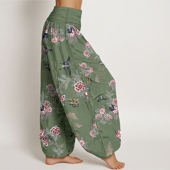 Pantaloni harem da donna con elastico in vita, motivo a farfalla, fiori e foglie in cotone Buddha Stones - image 7