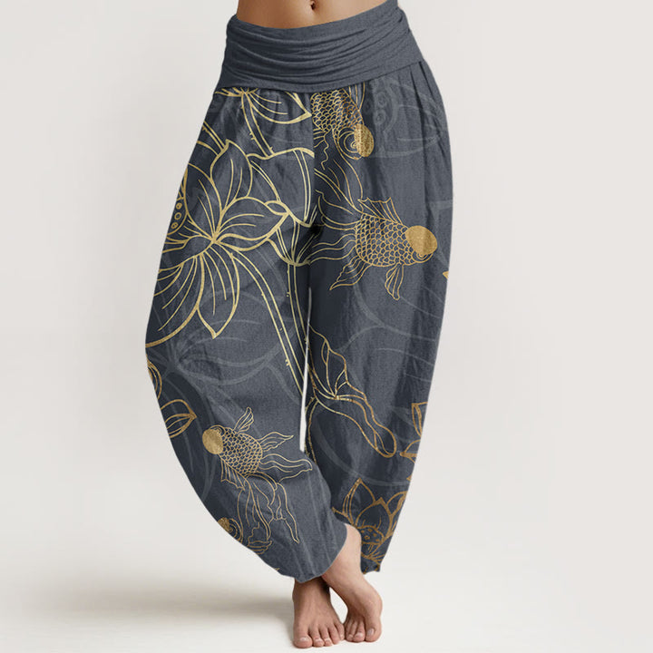 Pantaloni harem da donna con elastico in vita, Buddha Stones, in cotone, con foglie di loto e pesci koi - Grigio tenue - US22, UK/AU26, EU54 (6XL) - image 4