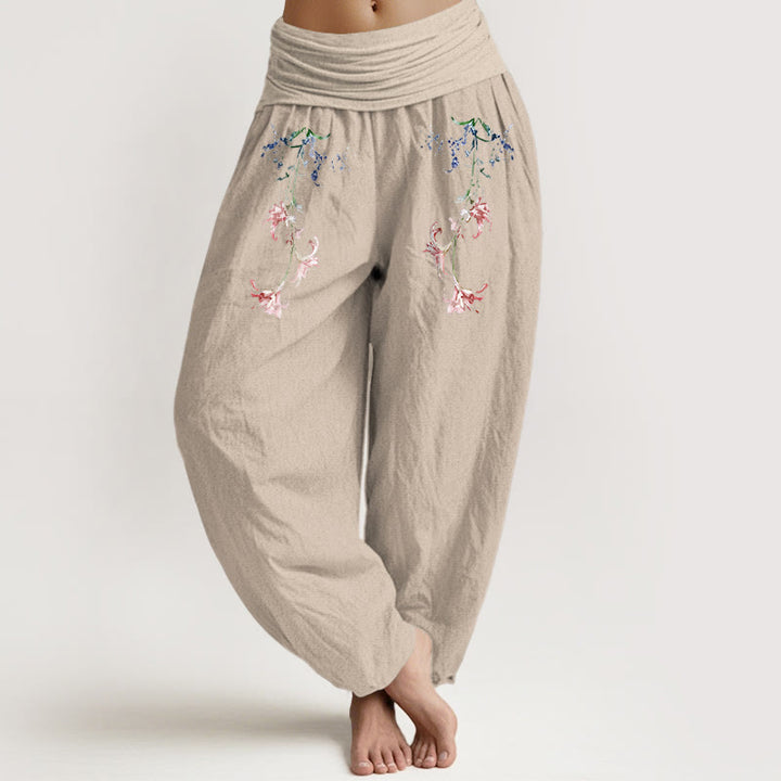 Pantaloni harem da donna con elastico in vita, motivo floreale pastello semplice in puro cotone Buddha Stones - Tan - US16, UK/AU20, EU48 (3XL) - image 11