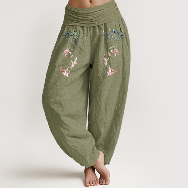 Pantaloni harem da donna con elastico in vita, motivo floreale pastello semplice in puro cotone Buddha Stones - Verde oliva - US16, UK/AU20, EU48 (3XL) - image 14