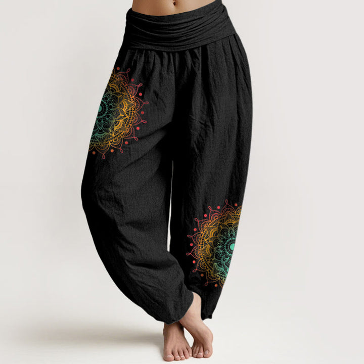 Pantaloni harem da donna con elastico in vita, in puro cotone, stile semplice, motivo mandala, motivo Buddha Stones - Nero - US16, UK/AU20, EU48 (3XL) - image 0