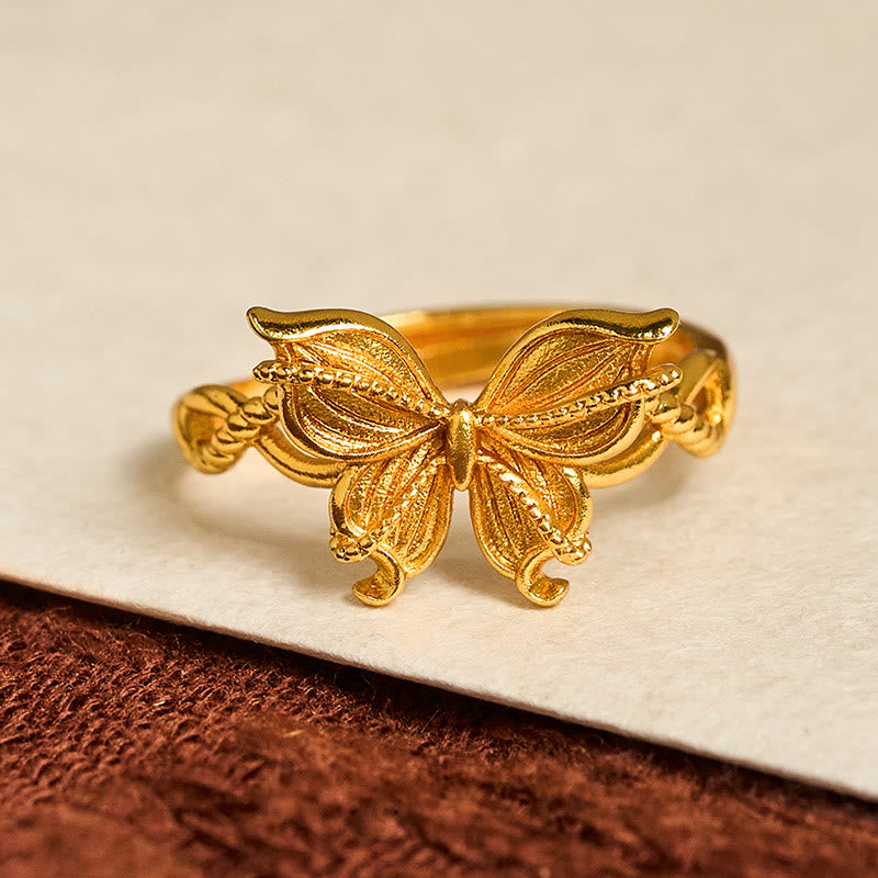 Anello regolabile con simbolo della farfalla in ottone placcato oro 24k Buddha Stones - image 1