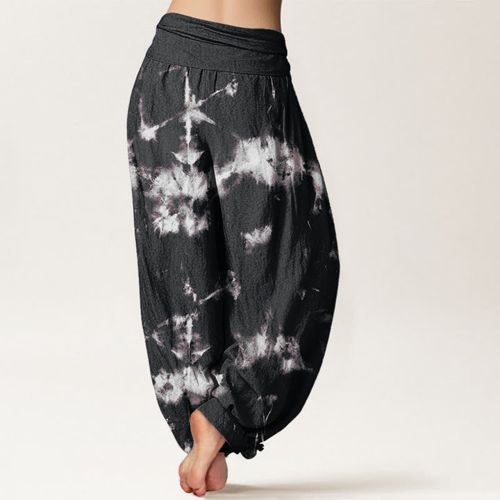 Pantaloni harem da donna con elastico in vita, motivo tie-dye, in cotone con linee bianche e pois, motivo Buddha Stones - image 2