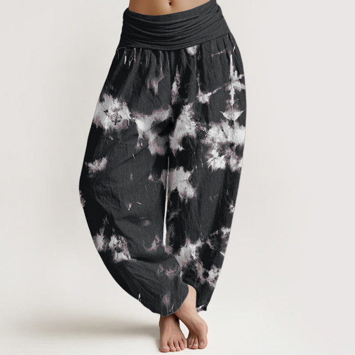 Pantaloni harem da donna con elastico in vita, motivo tie-dye, in cotone con linee bianche e pois, motivo Buddha Stones - Nero - US22, UK/AU26, EU54 (6XL) - image 0