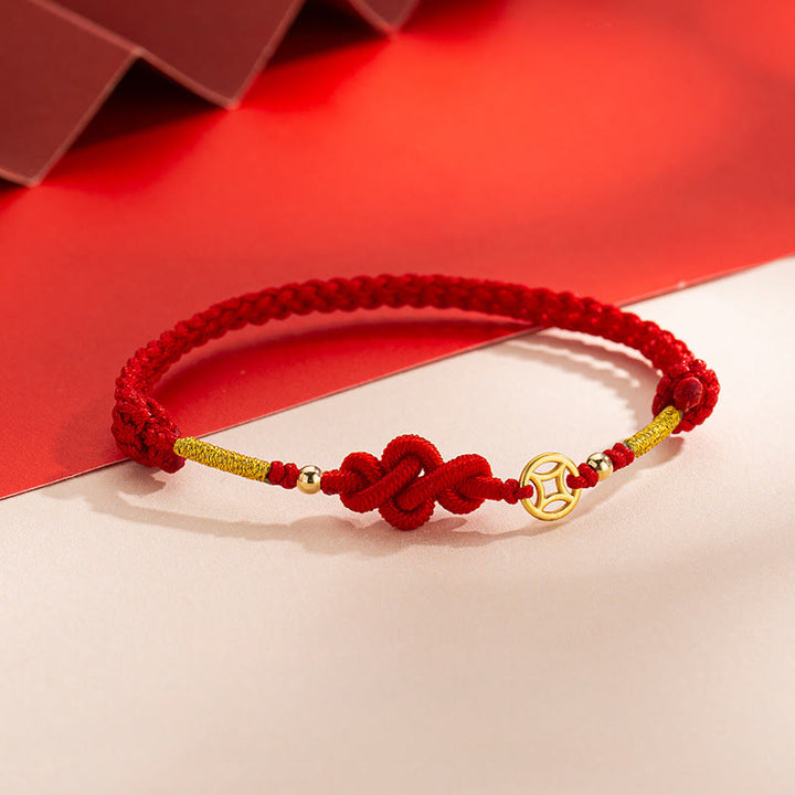 Braccialetto di protezione intrecciato con moneta di rame e nodo Ruyi Buddha Stones - Cordino rosso (circonferenza del polso: 15-19 cm) - image 0