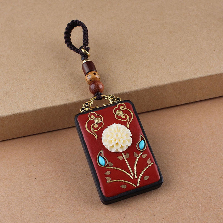 Portachiavi con ciondolo a forma di corda con ciondolo a forma Buddha Stones, fiore di ebano, pesce koi - Corda con bottoni marroni - Ortensia - image 12