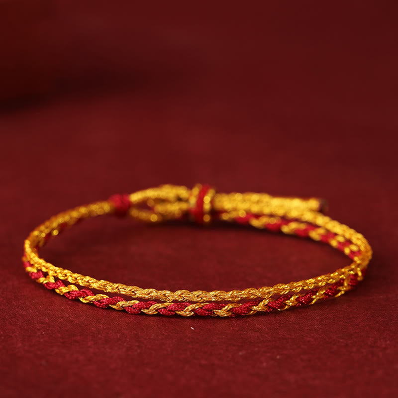 Bracciale intrecciato con Buddha Stones in oro 999 e moneta di rame a doppio giro, con cordino rosso dorato - image 1