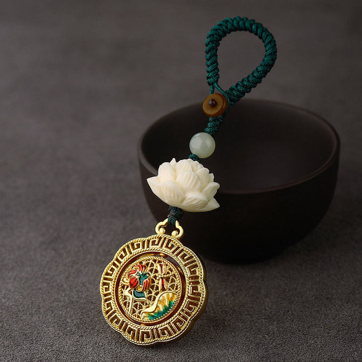 Portachiavi girevole in rame con perline di giada Hetian, seme di Bodhi, Buddha Stones loto, pace - Foglia di loto della libellula - Corda con bottone verde - image 1
