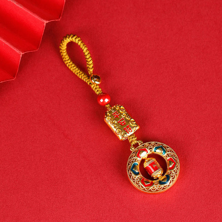 Portachiavi girevole con ruota di preghiera in rame con Buddha Stones, cinque direzioni, divinità della ricchezza - Talismano della pace - Corda con bottone - image 6