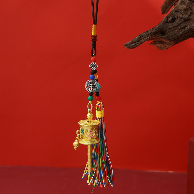 Portachiavi con ruota di preghiera Buddha Stones Om Mani Padme Hum e nappe colorate Purezza - Oro pieno - image 2