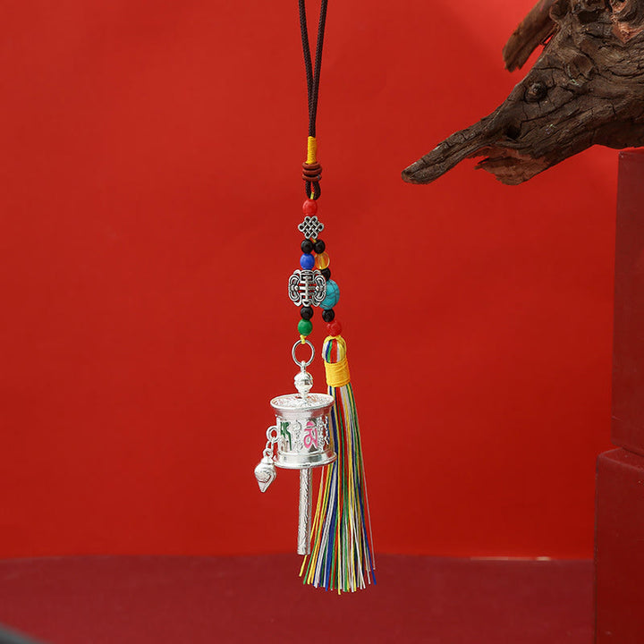 Portachiavi con ruota di preghiera Buddha Stones Om Mani Padme Hum e nappe colorate Purezza - Argento pieno - image 3