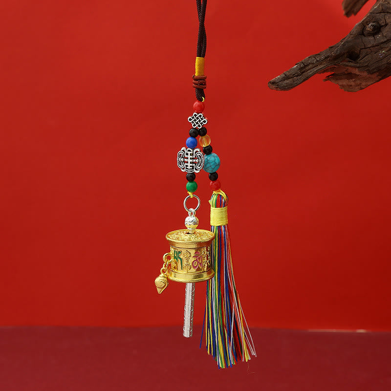 Portachiavi con ruota di preghiera Buddha Stones Om Mani Padme Hum e nappe colorate Purezza - Oro chiaro - image 8