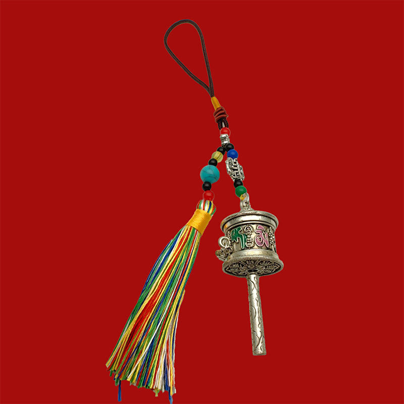 Portachiavi con ruota di preghiera Buddha Stones Om Mani Padme Hum e nappe colorate Purezza - Argento antico - image 11