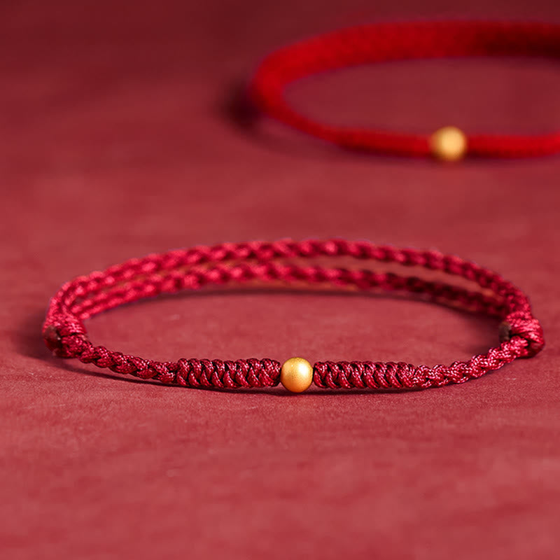 Braccialetto alla caviglia in corda rossa intrecciata con perlina singola in argento sterling 925 placcato oro Buddha Stones - Cavigliera (circonferenza 18-30 cm) - Rosso scuro - image 0