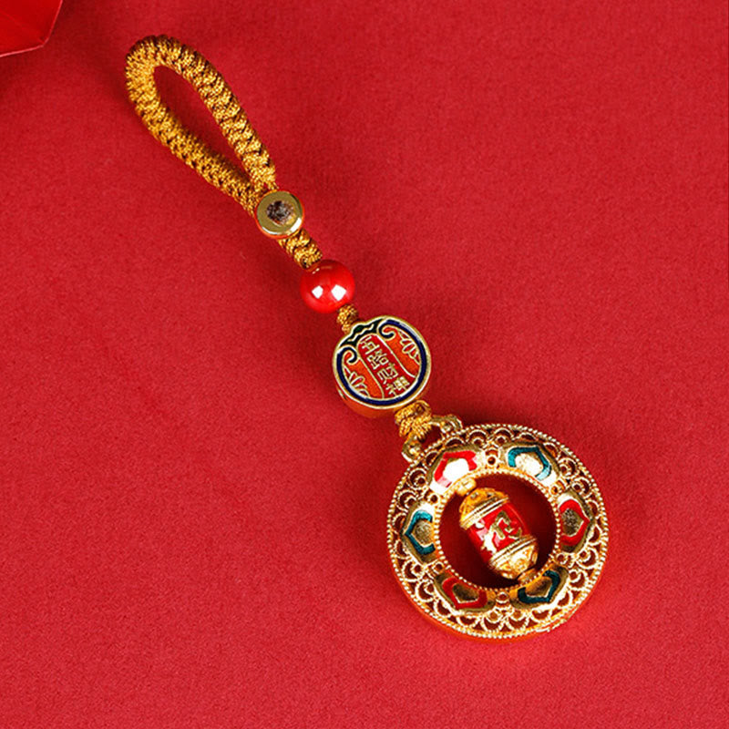 Portachiavi girevole con ruota di preghiera in rame con Buddha Stones, cinque direzioni, divinità della ricchezza - Cinque Direzioni degli Dei della Ricchezza - Corda con bottone - image 0