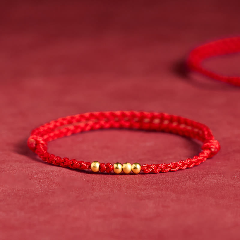 Bracciale regolabile con perline di collegamento in corda rossa placcate in argento sterling 925 Buddha Stones - Corda rossa (una e tre perle dorate) - 14-23 cm - image 0