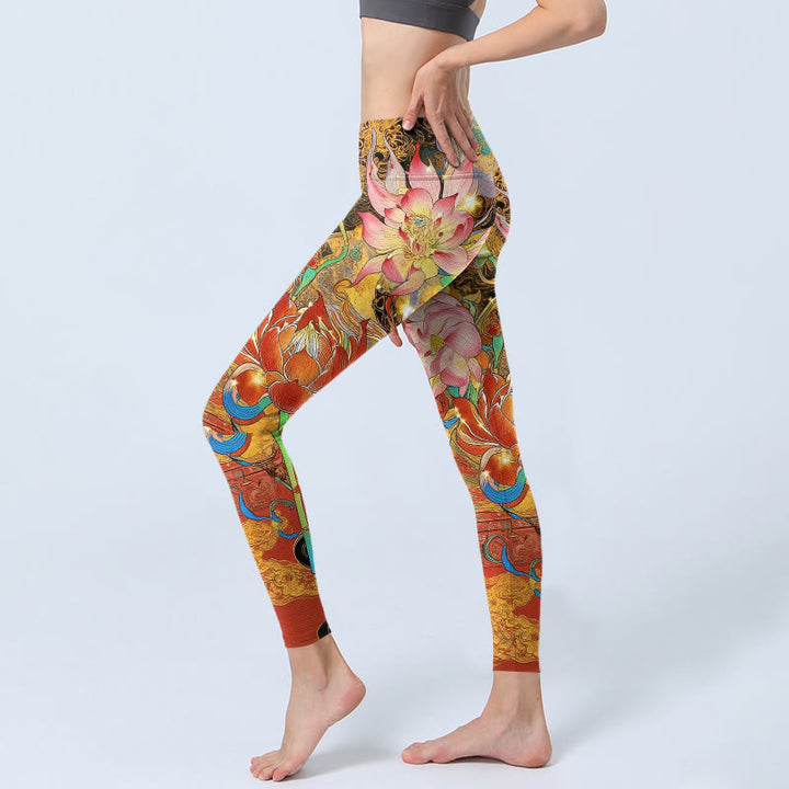 Leggings da palestra con stampa Buddha Stones Koi Fish Lotus Cloud Pattern, pantaloni da yoga da donna - image 2